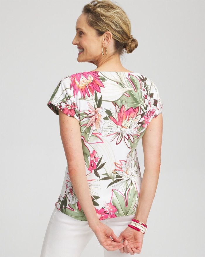 Chicos Floral Modern Cap Sleeve Tee - PINK BROMELIAD