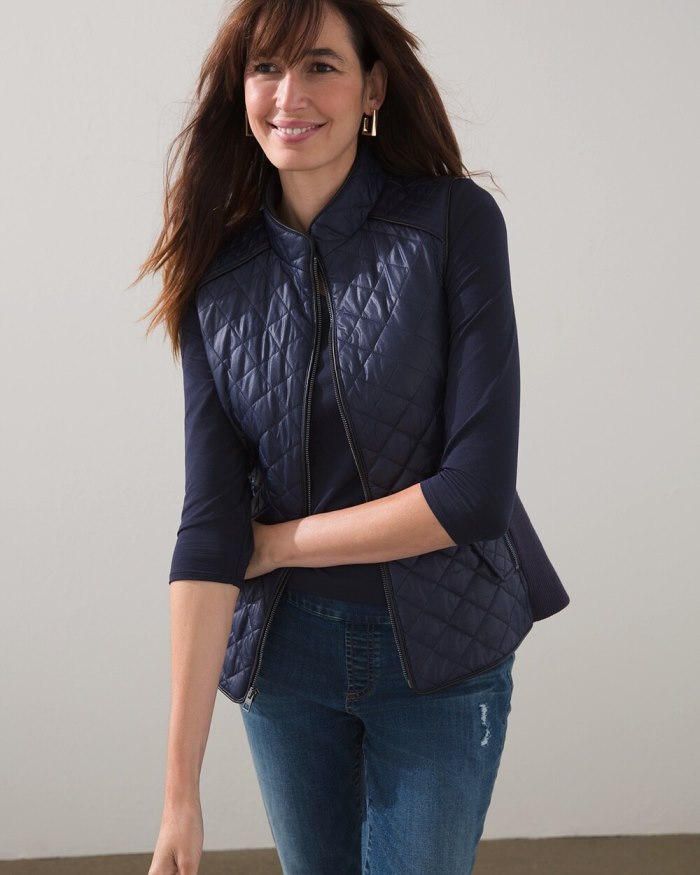 Chicos Rib Trim Quilted Vest - Classic Navy