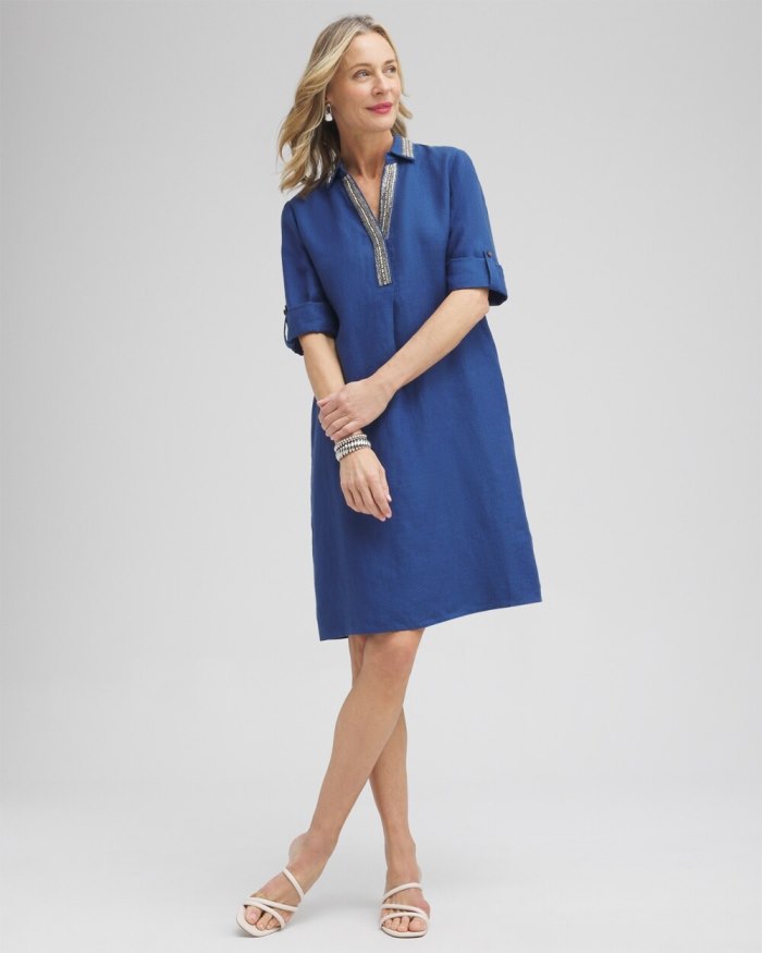 Chicos Linen Embellished Shirt Dress - Naval Indigo