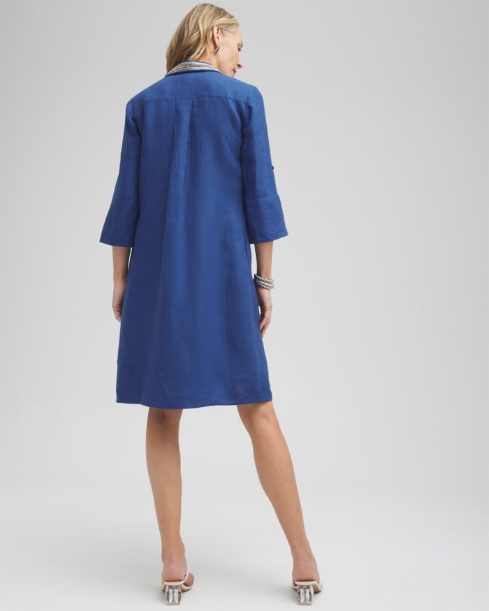 Chicos Linen Embellished Shirt Dress - Naval Indigo