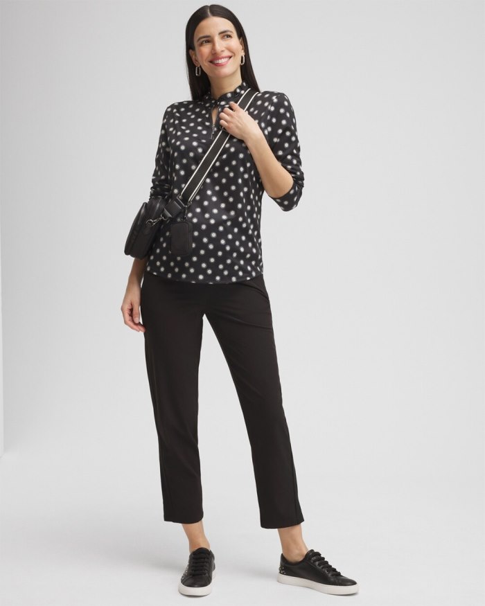 Chicos Zenergy UPF Polka Dot Ruffle Neck Top - Black