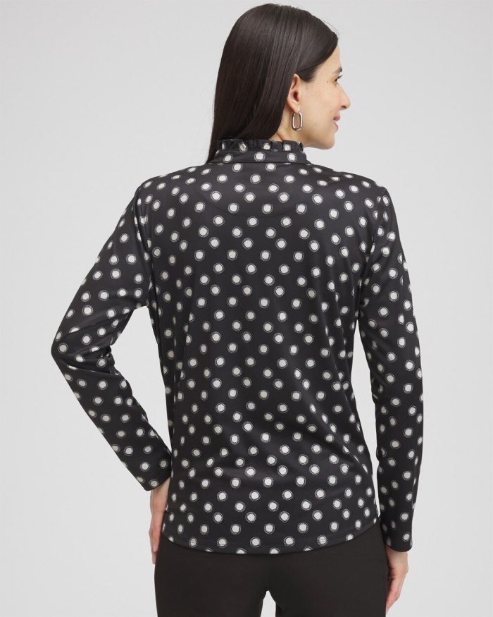 Chicos Zenergy UPF Polka Dot Ruffle Neck Top - Black