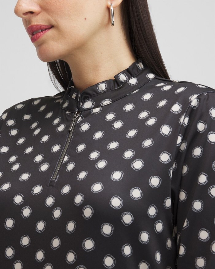 Chicos Zenergy UPF Polka Dot Ruffle Neck Top - Black