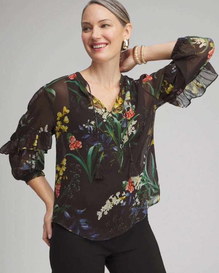 Chicos Chiffon Floral Ruffle Sleeve Blouse - Black