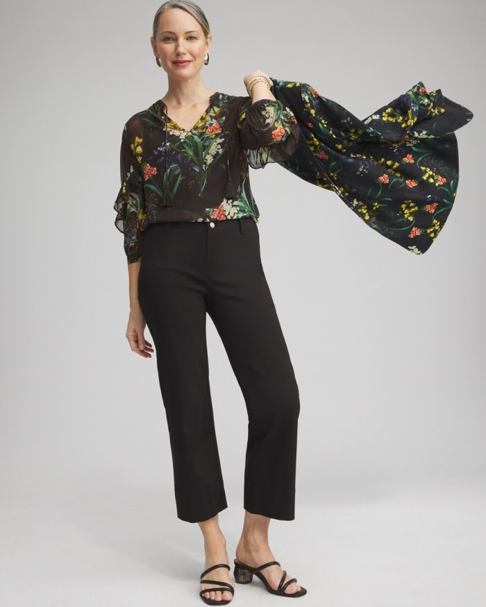 Chicos Chiffon Floral Ruffle Sleeve Blouse - Black