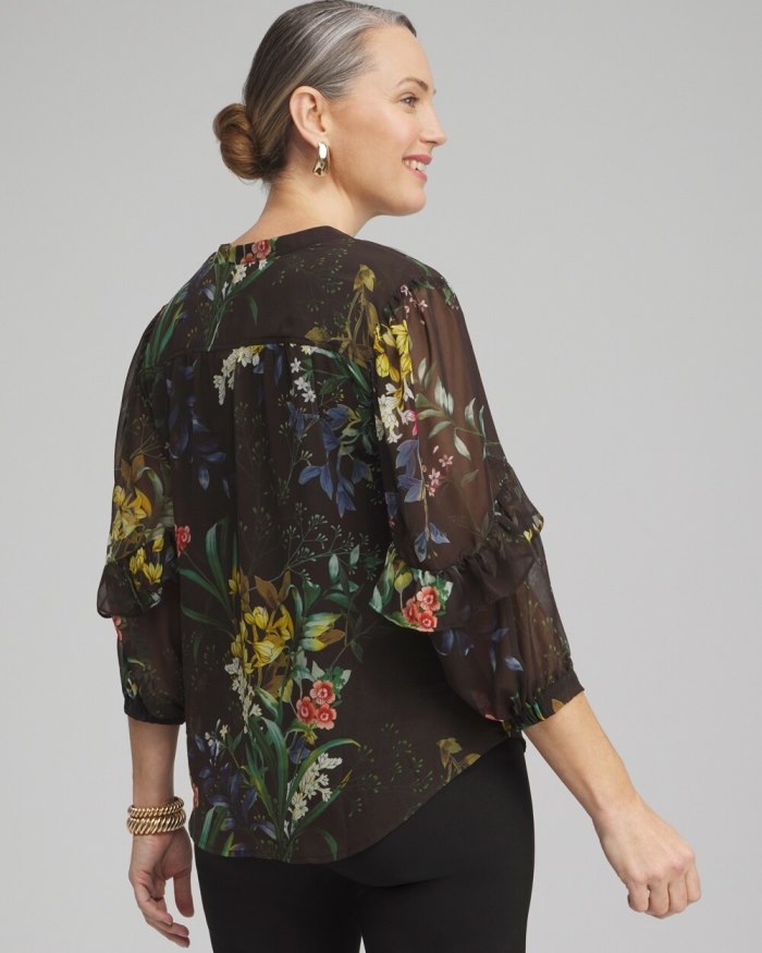 Chicos Chiffon Floral Ruffle Sleeve Blouse - Black