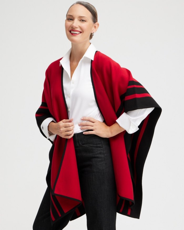 Chicos Red Stripe Border Ruana - Red Allure