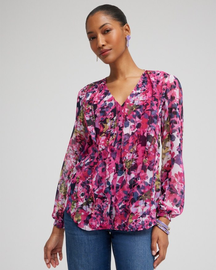 Chicos Chiffon Floral Ruffle Blouse - Soft Slate