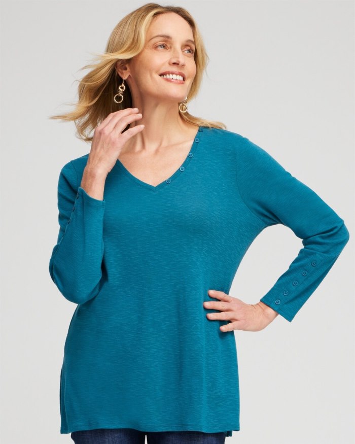 Chicos Button Detail V-neck Tunic - Moonlit Teal