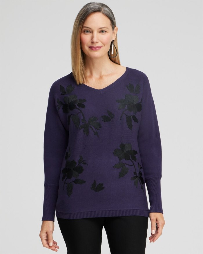 Chicos Floral Embroidered Pullover Sweater - Dewberry