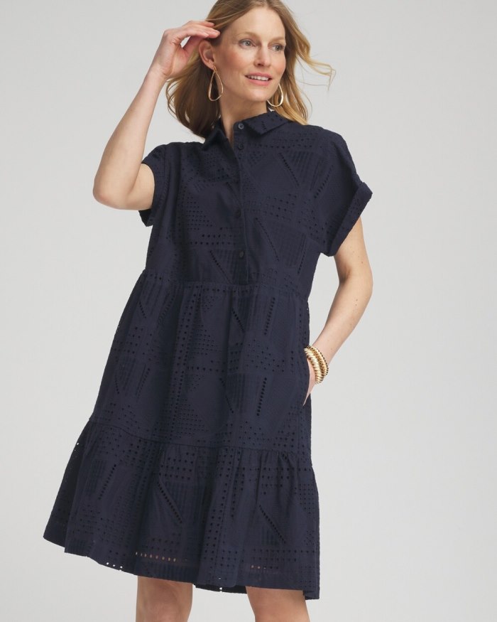 Chicos Poplin Diagonal Button Front Dress - Classic Navy