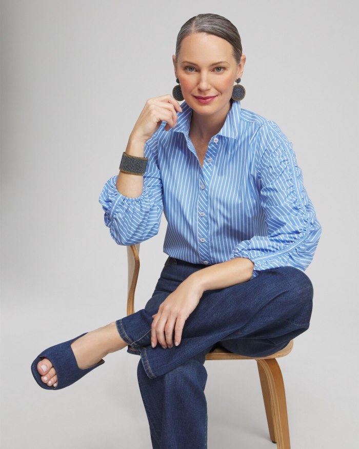 Chicos Poplin Stripe Ruched Sleeve Shirt - French Blue