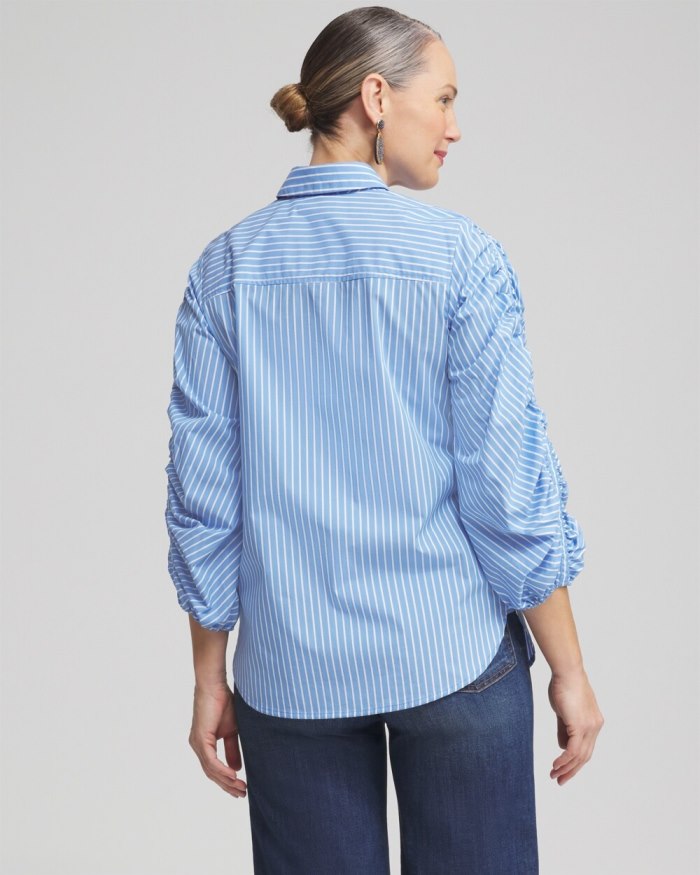 Chicos Poplin Stripe Ruched Sleeve Shirt - French Blue