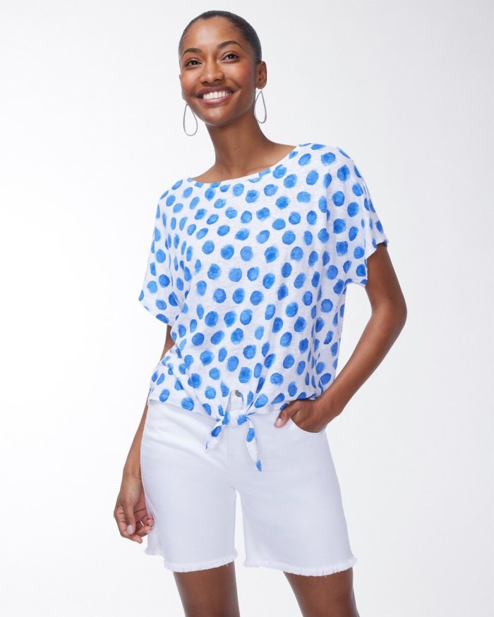 Chicos Linen Blue Dots Tie Front Tee - Poolside Blue