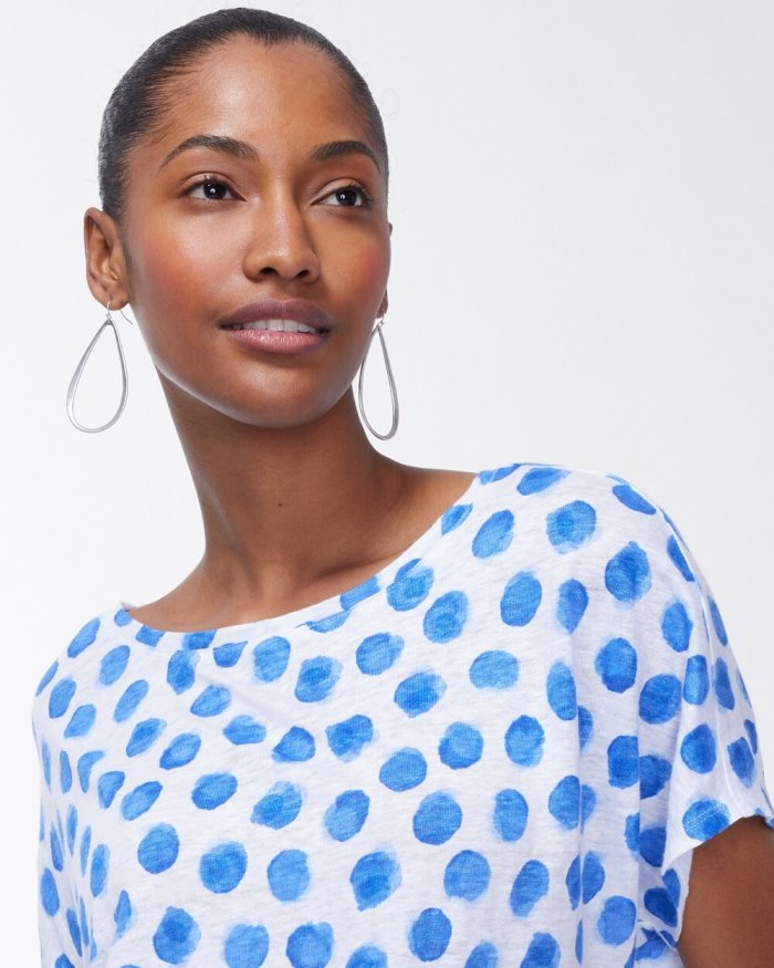 Chicos Linen Blue Dots Tie Front Tee - Poolside Blue