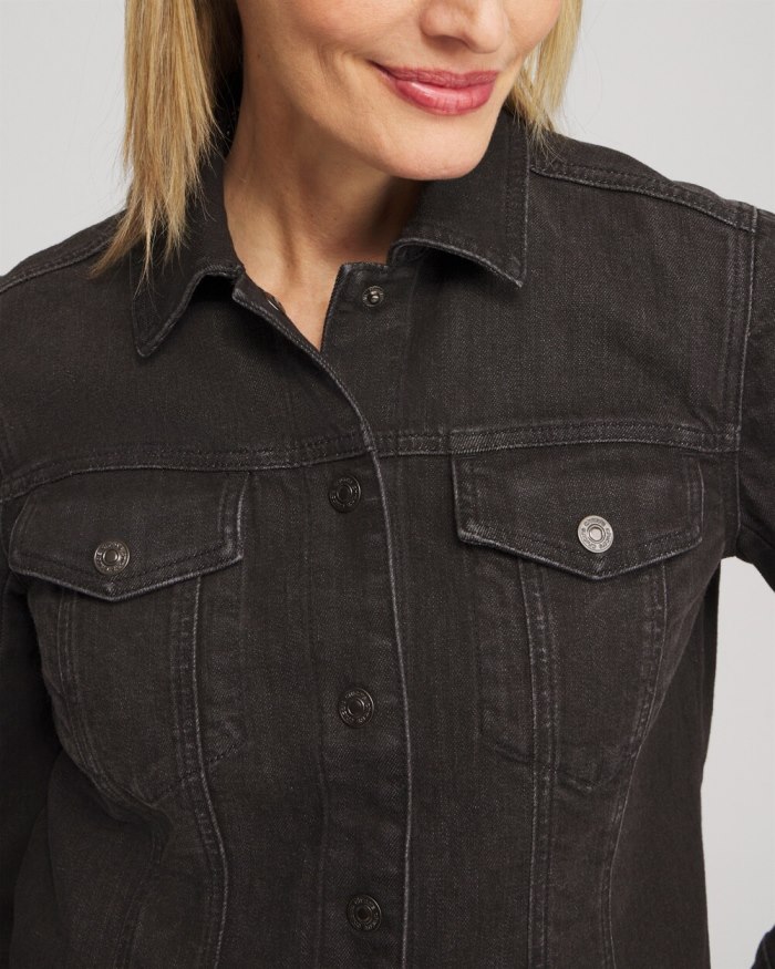 Chicos Cropped Shirttail Denim Jacket - Black Oak Wash