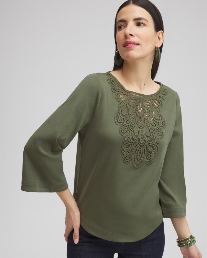 Chicos Lace Inset Top - Olive