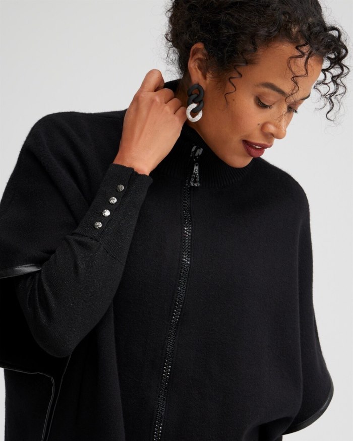 Chicos Embellished Zipper Sweater Ruana - Black