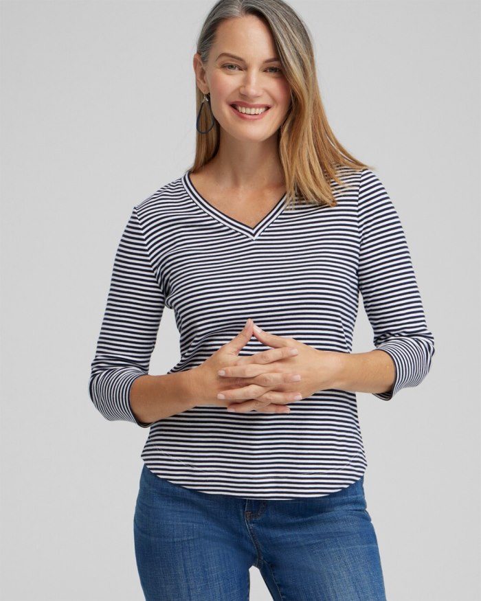 Chicos Stripe V-neck 3/4 Sleeve Tee - Classic Navy