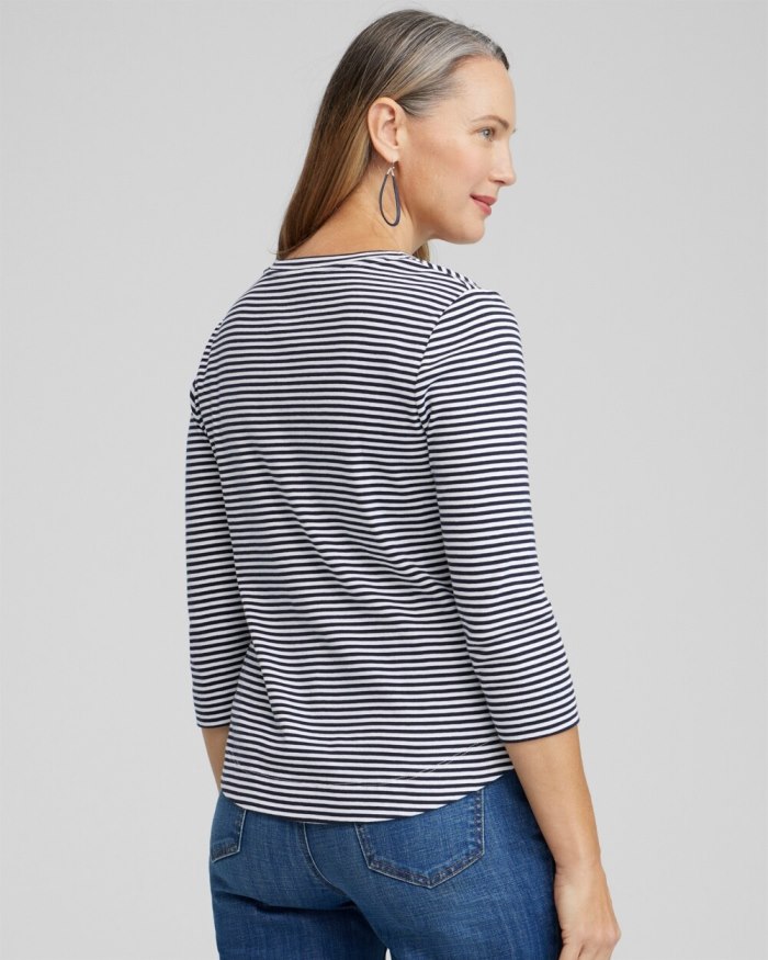 Chicos Stripe V-neck 3/4 Sleeve Tee - Classic Navy