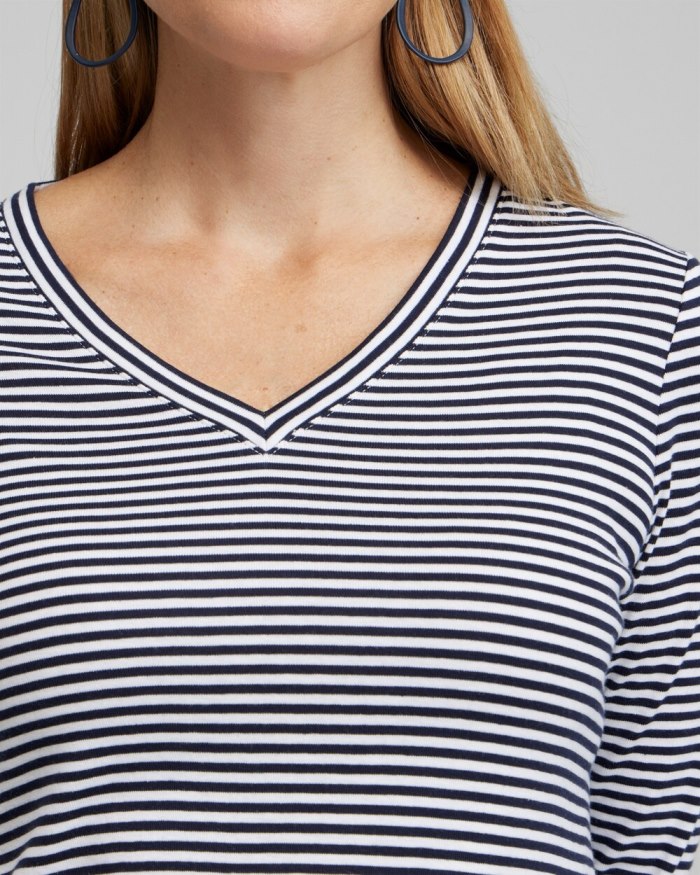 Chicos Stripe V-neck 3/4 Sleeve Tee - Classic Navy