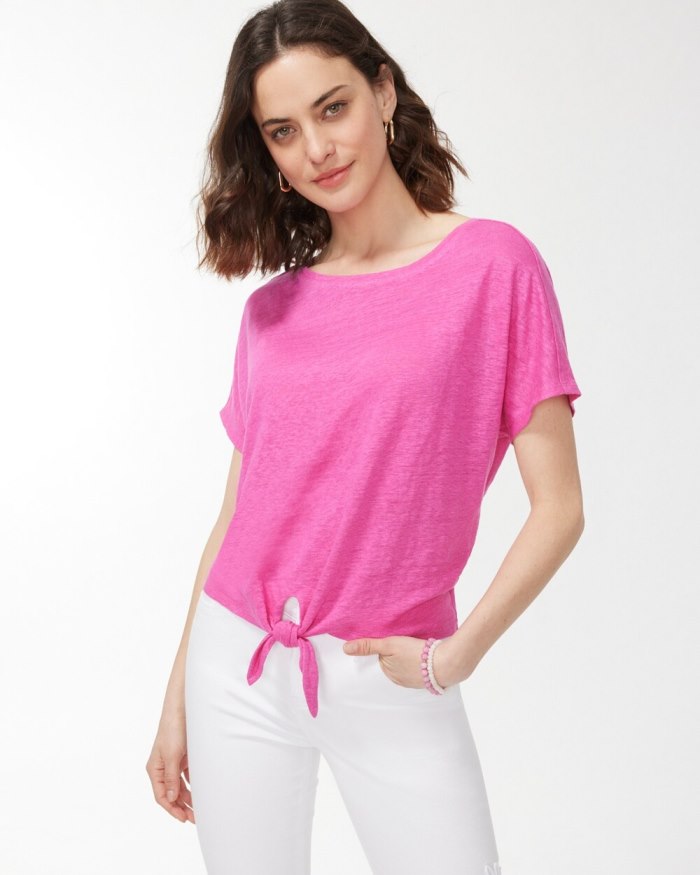 Chicos Linen Tie Front Tee - Bahamian Pink