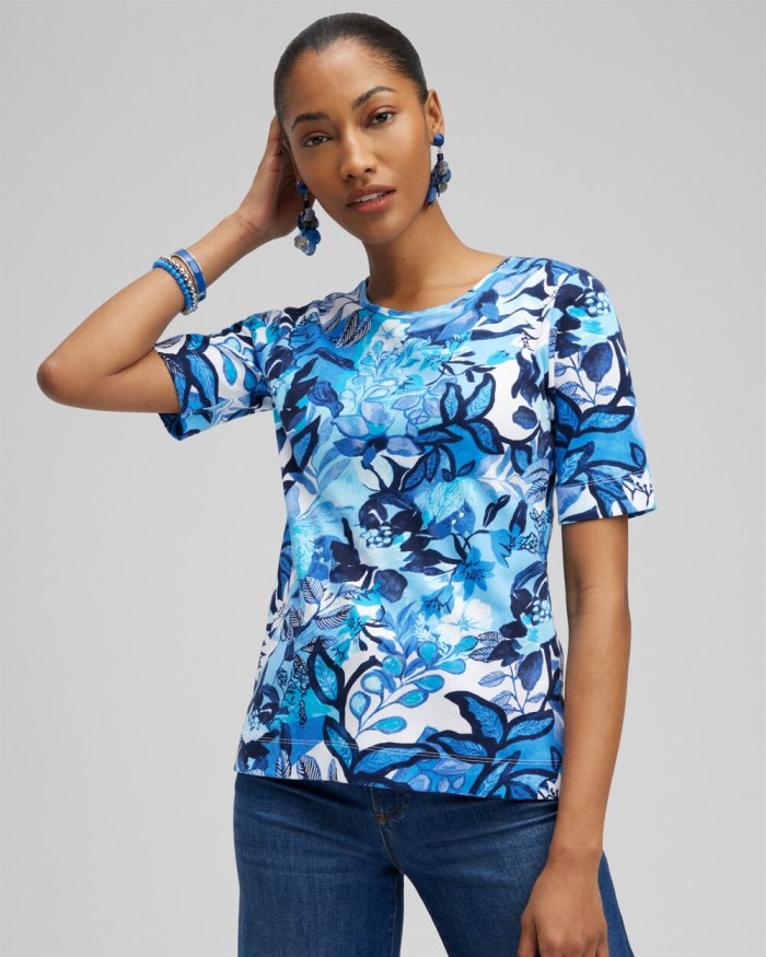 Chicos Floral Everyday Elbow Sleeve Tee - Intense Azure