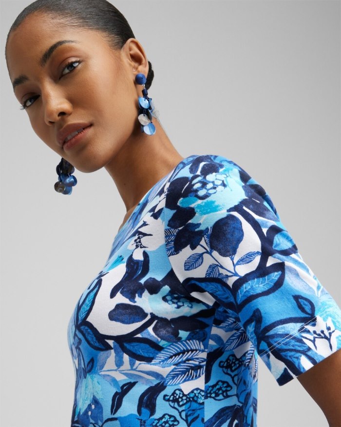 Chicos Floral Everyday Elbow Sleeve Tee - Intense Azure