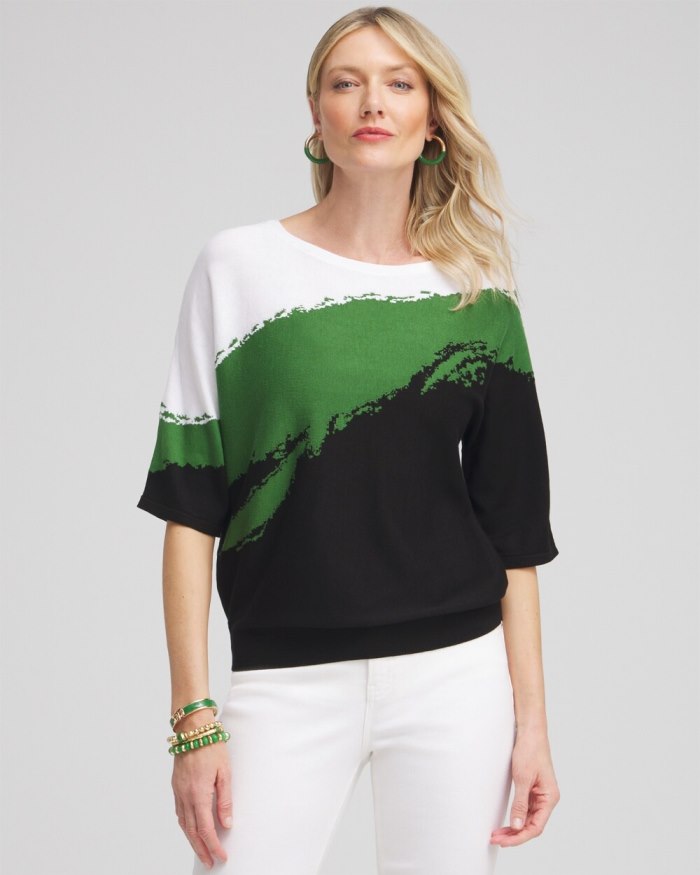 Chicos Intarsia Dolman Pullover Sweater - Verdant Green