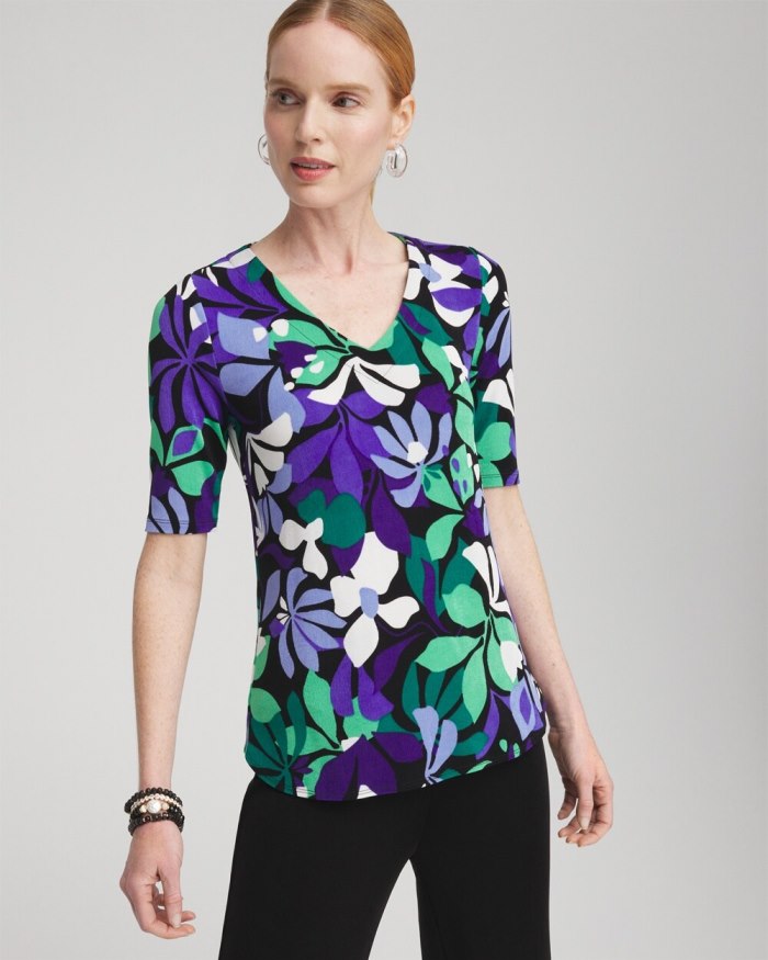 Chicos Travelers Floral V-neck Top - Purple Nightshade