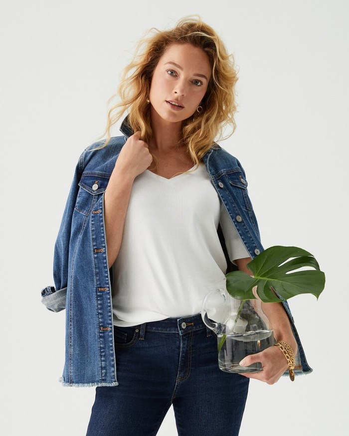 Chicos Indigo Frayed Hem Denim Jacket - Palace Indigo