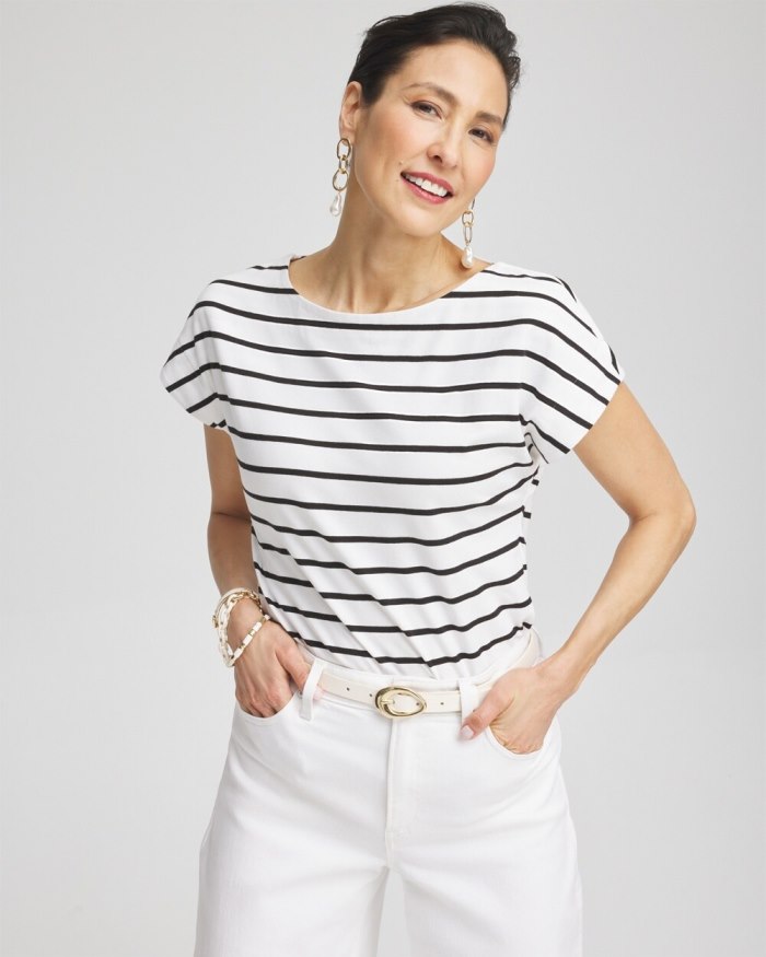 Chicos Stripe Modern Cap Sleeve Tee - Alabaster