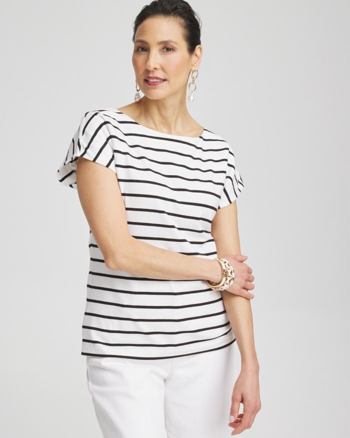 Chicos Stripe Modern Cap Sleeve Tee - Alabaster