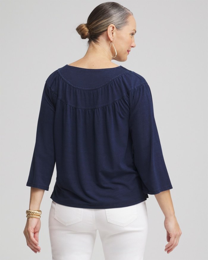 Chicos Faux Denim Eyelet Trim Top - Riviera Authentic