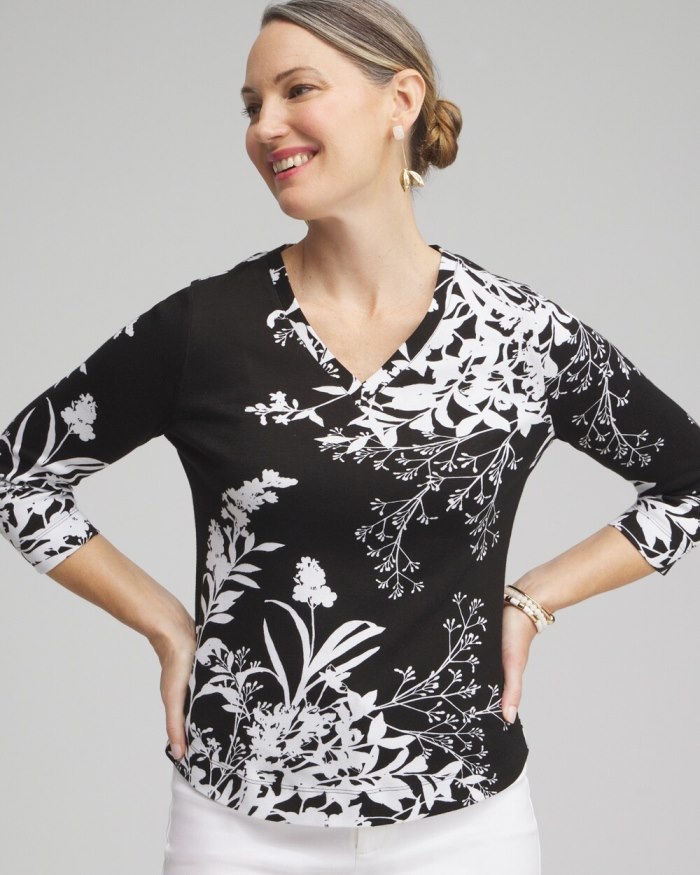 Chicos Wildflower Everyday 3/4 Sleeve Tee - Black