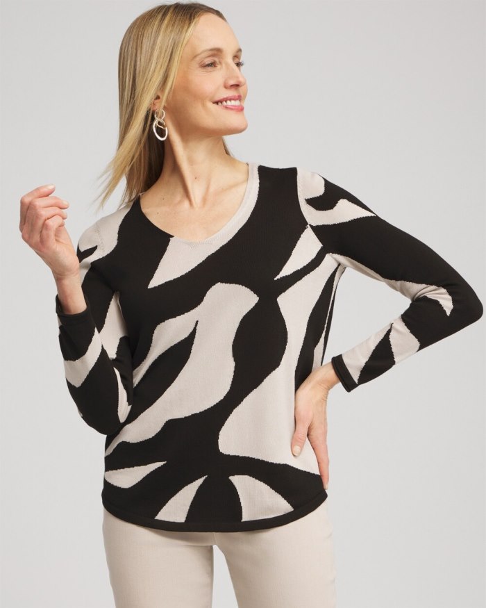 Chicos Abstract V-neck Pullover Sweater - Black