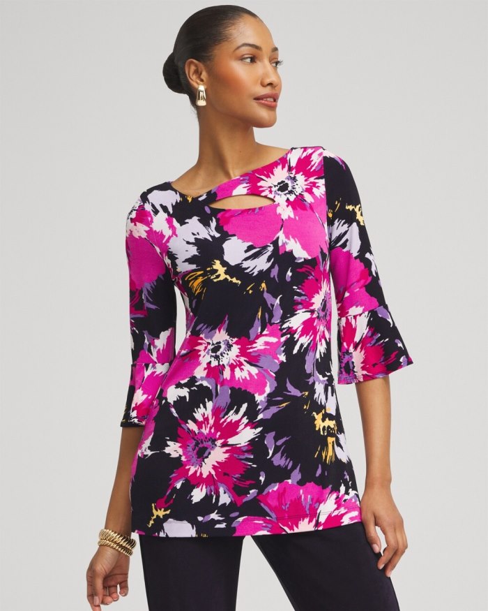 Chicos Travelers Floral Keyhole Top - Magenta Rose