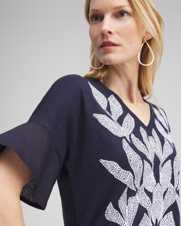 Chicos Leaf Linen Blend Flutter Sleeve Top - Classic Navy