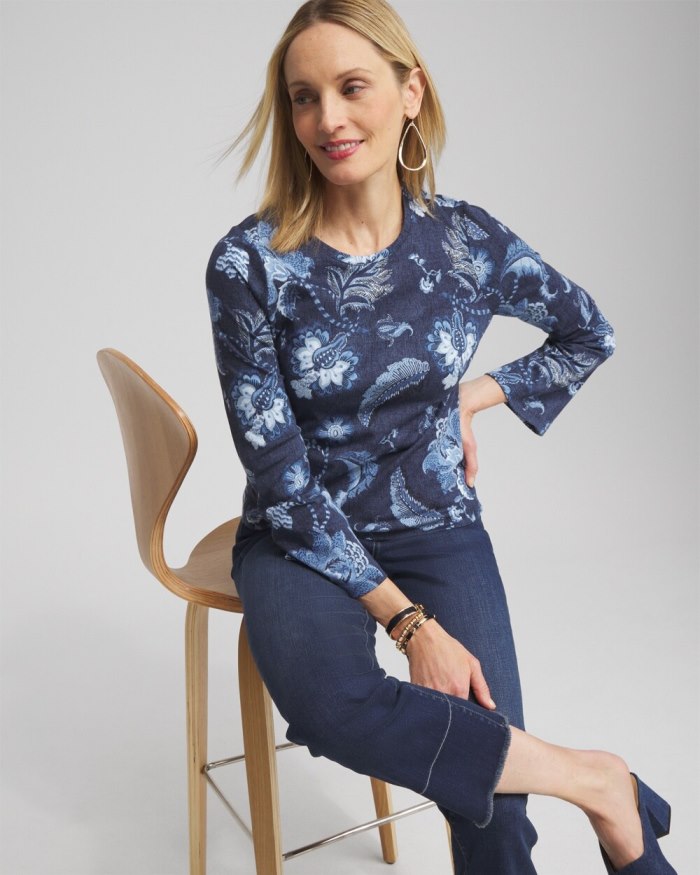 Chicos Floral Long Sleeve Tee - Classic Navy