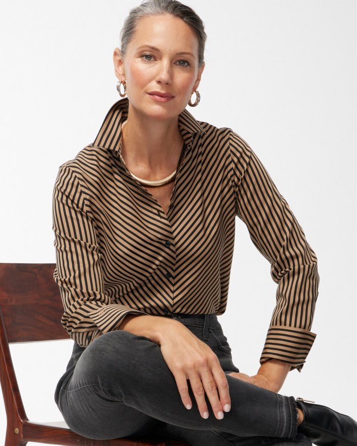 Chicos No Iron Stretch Black Imperial Stripe Shirt - Black And Neutral