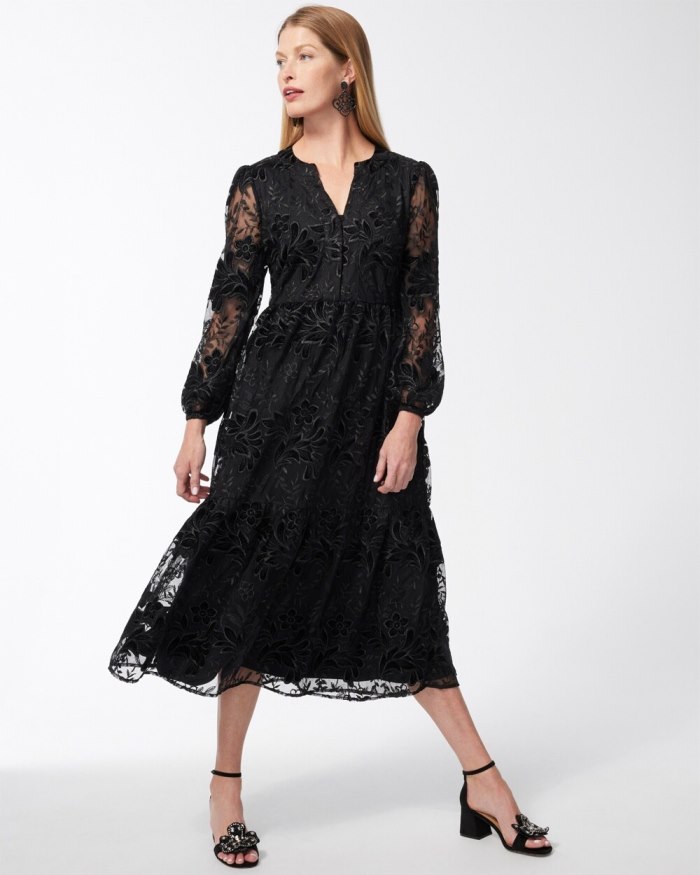 Chicos Burnout Floral Lace Midi Dress - Black
