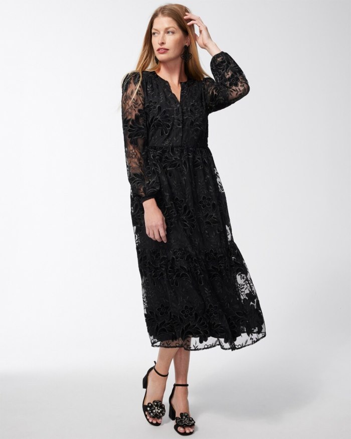 Chicos Burnout Floral Lace Midi Dress - Black