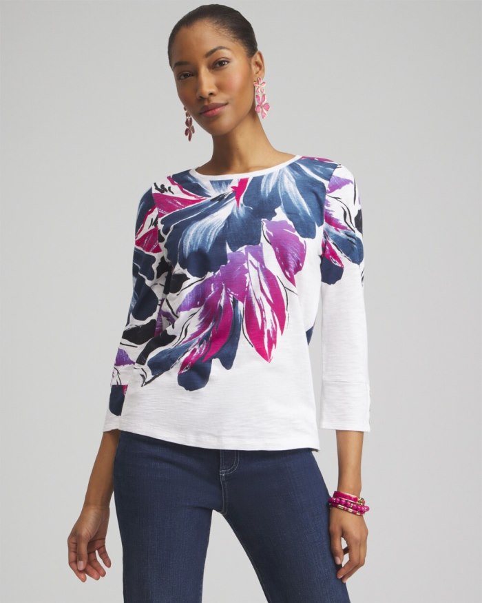 Chicos Floral 3/4 Sleeve Button Tee - Classic Navy