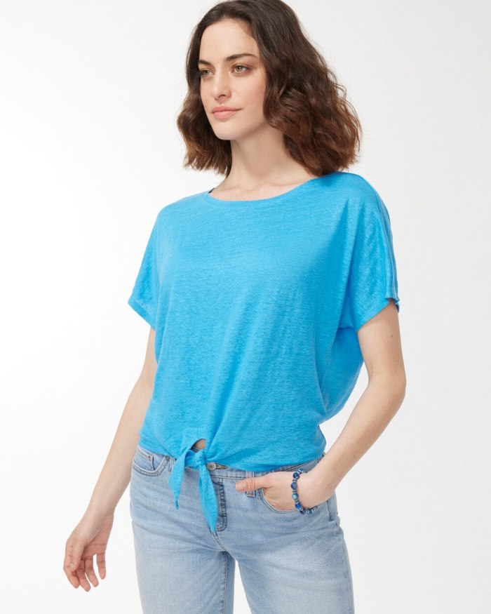 Chicos Linen Tie Front Tee - Poolside Blue