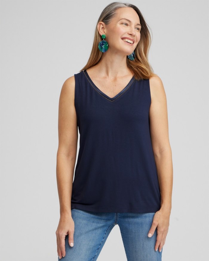 Chicos Touch of Cool Caviar Trim Tank - Classic Navy