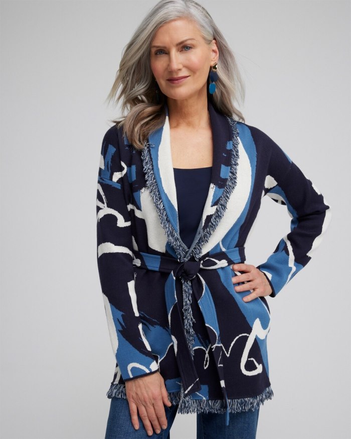 Chicos Fringe Abstract Print Cardigan - Classic Navy