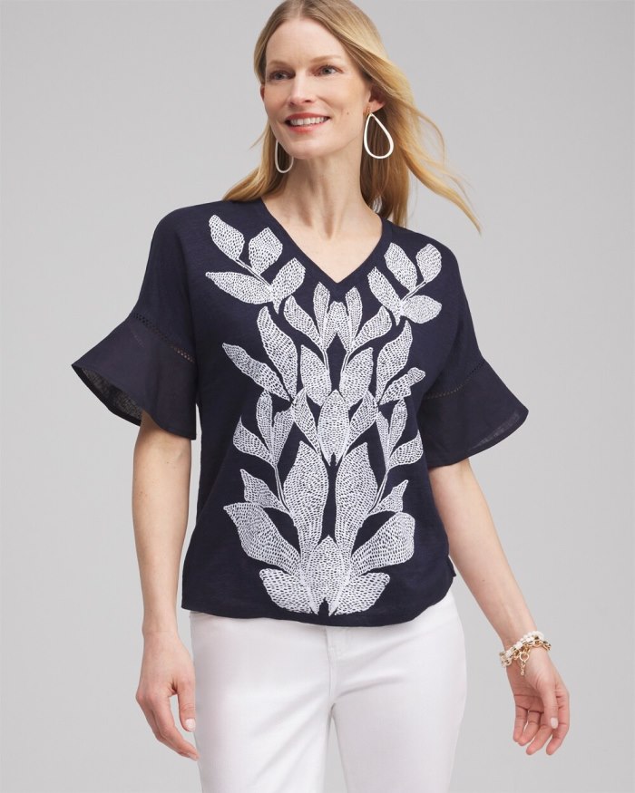 Chicos Leaf Linen Blend Flutter Sleeve Top - Classic Navy