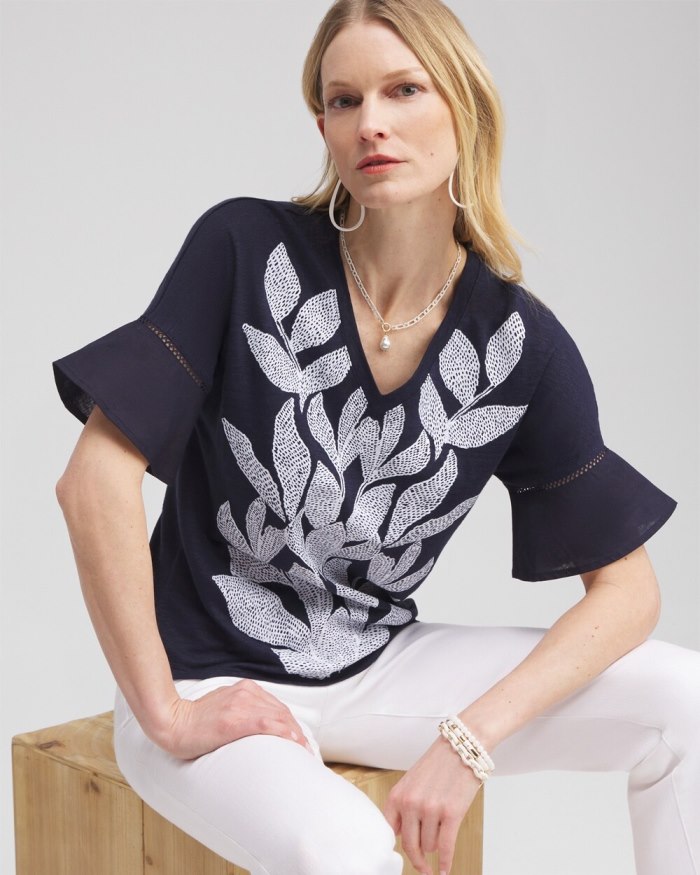 Chicos Leaf Linen Blend Flutter Sleeve Top - Classic Navy