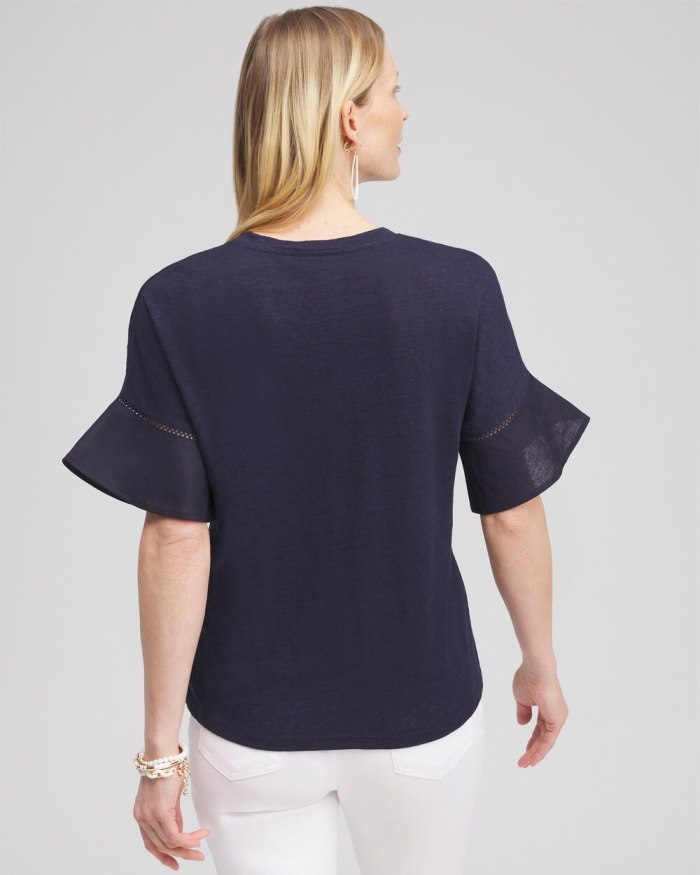 Chicos Leaf Linen Blend Flutter Sleeve Top - Classic Navy