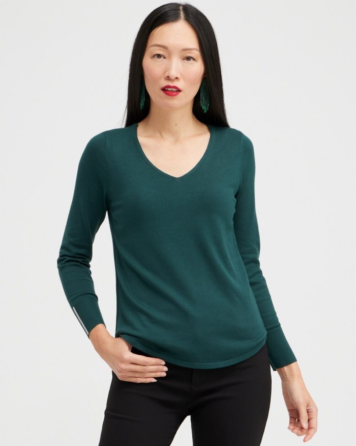 Chicos Caviar Trim V-Neck Pullover Sweater - Enchanted Forest